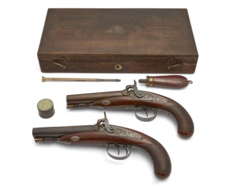 A cased pair of double barrel percussion pistols, by Smith, London, mid-19th century, each with 15cm round browned barrels wi