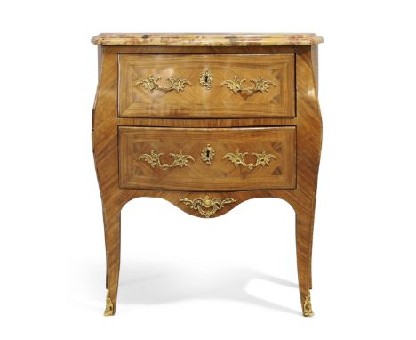 A French kingwood bombe commode, of Louis XV style, last quarter 19th century, with shaped marble top above two drawers, on c