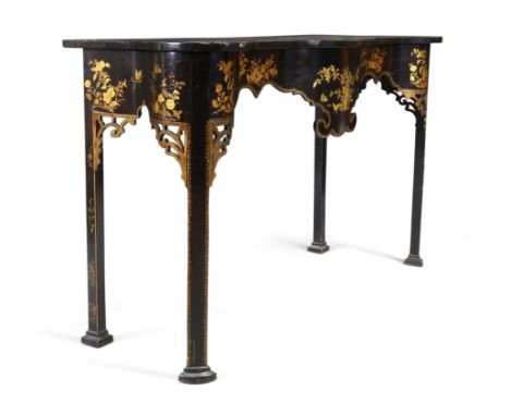 An English Japanned serpentine front console table, of Chinese Chippendale style, first quarter 20th century, shaped frieze, 
