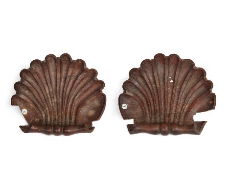 A pair of large carved walnut architectural scallop shell crestings, late 18th century, 37cm high, 43cm wide and 38cm high, 4