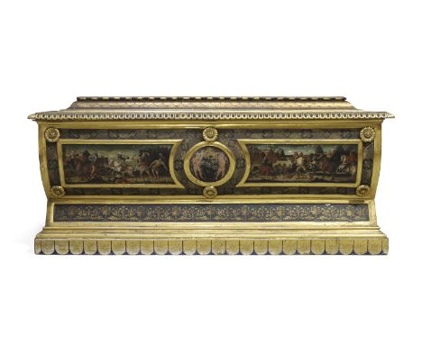 A Florentine giltwood and painted cassone, possibly early 16th century and incorporating later elements, the panels from the 
