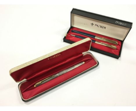 Two vintage Parker fountain pens to include a sterling silver Parker 75 flat top in original hard case with red felt inlay to