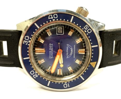 A gentleman's stainless steel cased Squale Ocean Divers Professional wristwatch, navy blue dial, orange and steel baton numer