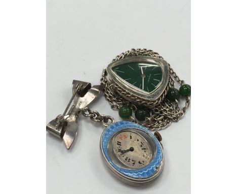 A ladies silver and blue guilloche enamel cased art deco fob watch together with a ladies Jean Renet silver cased fob watch.