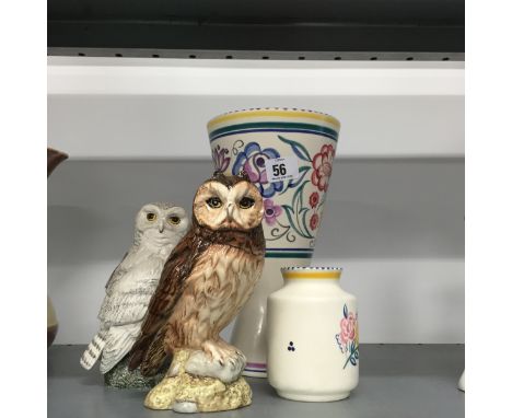 A Poole Pottery white bodied vase decorated in the CS pattern together with a small Poole Pottery vase, two Doulton Owl Whisk