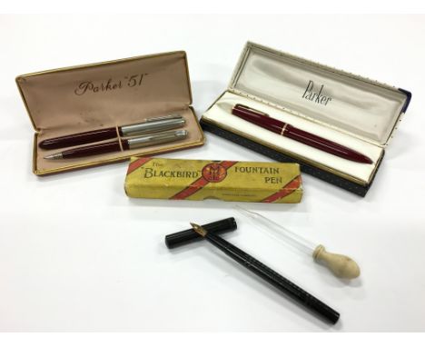 Three boxed vintage fountain pens to include a Parker 51 set in the original Parker 51 hard case together with a Mabie Todd B