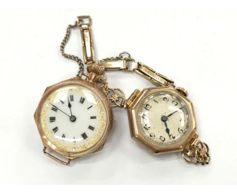 Two ladies 9ct gold manual winding wristwatches to include a fob converted with a floral enamel back, all 9ct hallmarked, mov