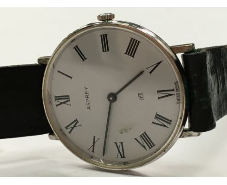 A gentleman's stainless steel cased Asprey wristwatch, manual wind, white dial, roman numerals.