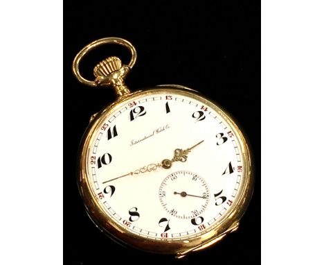 A large Gentleman's 18ct gold cased IWC open faced pocket watch, white enamel dial, black Arabic numerals, subsidiary dial, M