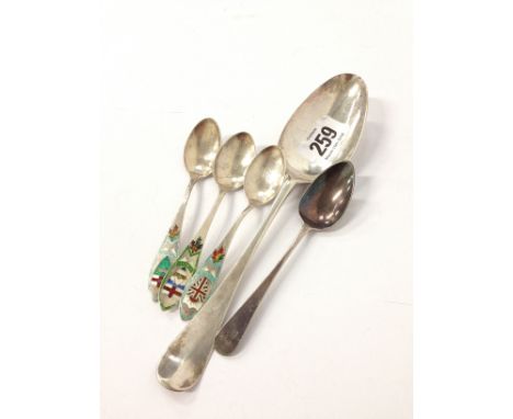 Three Canadian silver and enamel souvenir spoons together with an early silver dessert spoon and a Georgian silver teaspoon.