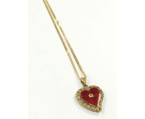 An 18 carat gold red Guilloche enamel and diamond set heart pendant on a 9 carat gold chain.
(R4)