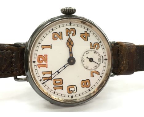 A gentleman's solid silver military style trench watch, manual winding, white dial and alumi Arabic numerals, subsidiary seco