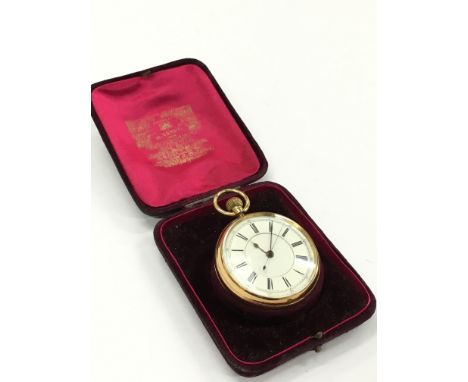 A Doctors heavy 18ct gold cased open faced pocket watch by James Buchand,Sheffield, white enamel dial, roman numerals, Mov No