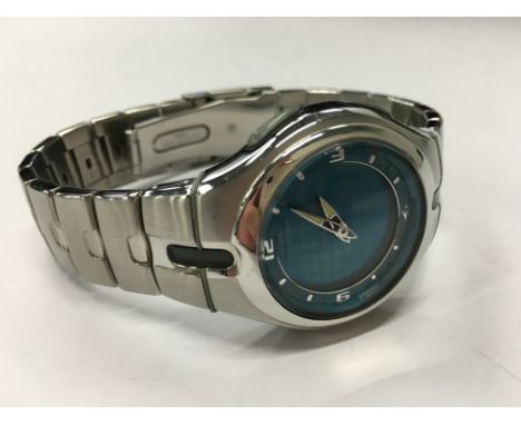 A gentleman's stainless steel cased Casio E-Dana Bank wristwatch, digital display dial, baton numerals with arabic at 12, 3, 