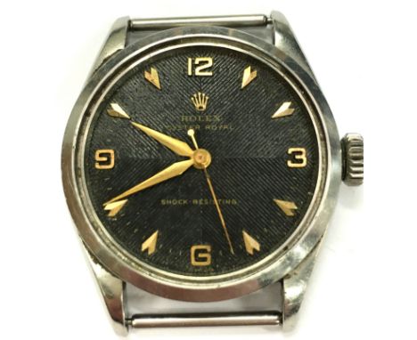 A gentleman's stainless steel Rolex Oyster Royal manual winding wristwatch, black dial with gold numeral fittings, shock resi