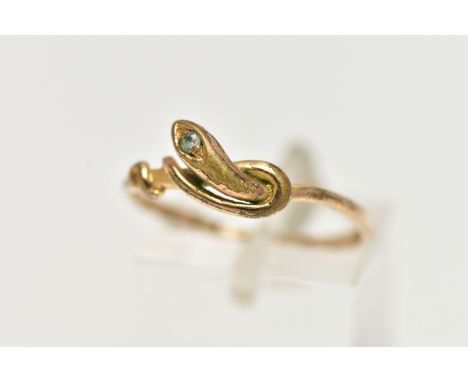 A GOLD PLATED SNAKE RING, coiled snake set with a colourless cubic zirconia to the head, unmarked, ring size Q (condition rep