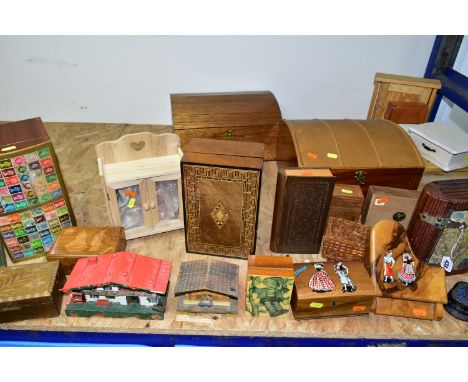 A LARGE QUANTITY OF WOODEN BOXES, to include musical cigarette boxes, musical jewellery boxes, an olive wood musical piano, a