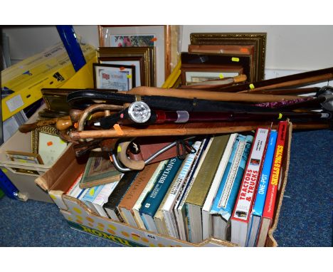 FOUR BOXES OF SMALL FRAMED PRINTS, WALKING STICKS AND BOOKS, to include over thirty assorted books, gilt photo frames, twelve