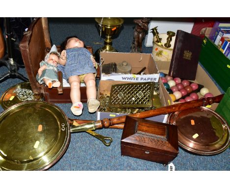 THREE BOXES AND LOOSE LAMP, METALWARES, TREEN AND SUNDRY ITEMS, to include a brass oil lamp with glass shade and chimney, tot