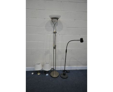 AN ASK SERIOUS READERS LAMP, along with a chrome floor lamp, two table lamps, along with a stainless steel hall stand (5)