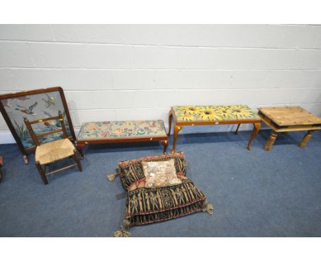 A SELECTION OF OCCASIONAL FURNITURE, to include a long footstool, with needlework fabric, on cabriole legs, a similar lower s
