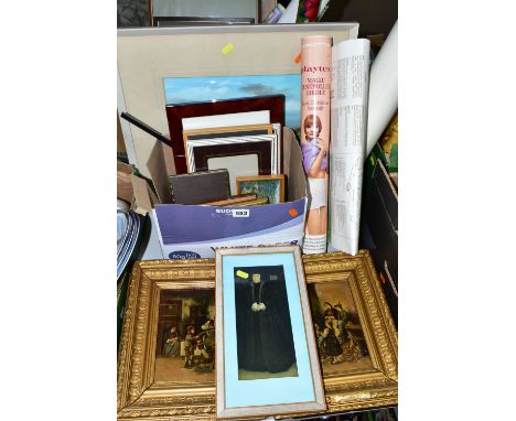 TWO BOXES AND LOOSE PAINTINGS AND PRINTS ETC, to include an early 20th century pen and watercolour wash sketch 'Under the bam