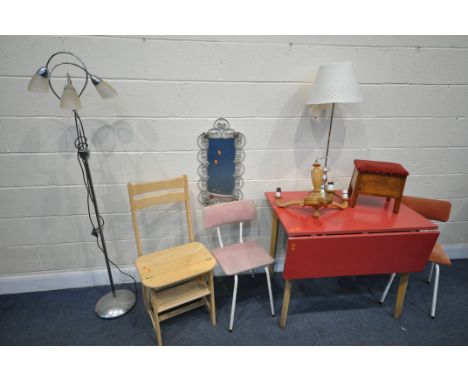 A SELECTION OF OCCASIONAL FURNITURE, to include a set of beech metamorphic library steps, a red Formica top single drop leaf 