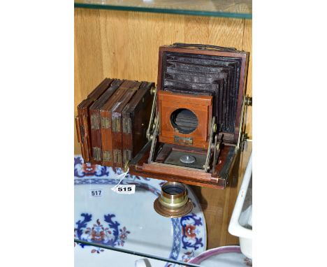 AN IMPERIAL INSTANTOGRAPH FIELD CAMERA in mahogany and brass, fitted with a J Lancaster and Sons Rectigraph lens (no lens gla