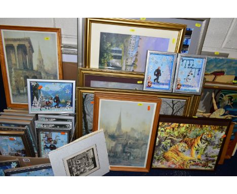 A BOX AND LOOSE PICTURES AND PRINTS ETC, to include framed Maurice Bishop limited edition prints, Lawrence Alma Tadema print 