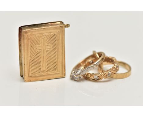 A 9CT GOLD CHARM AND YELLOW METAL CHARM, the first a yellow gold Holy Bible charm, hallmarked 9ct London, approximate gross w