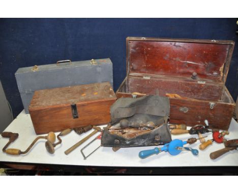 FOUR BESPOKE WOODEN TOOLBOXES comprising a large wooden toolbox containing vintage tools such as hand drills/drivers, hammers