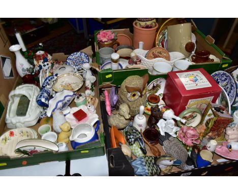 THREE BOXES OF ORNAMENTS AND CERAMICS ETC, to include bird and animal ornaments, traditional continental ceramic plates and w