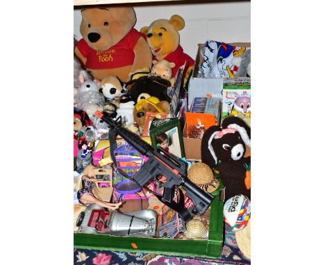 FIVE BOXES AND LOOSE TOYS, to include a collection of Winnie the Pooh soft toys, a boxed Bluebird Disney Tiny Collection Snow