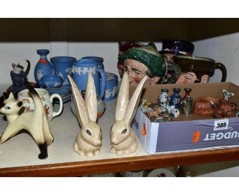 A GROUP OF ASSORTED CERAMICS, comprising a Beswick Fox 1017 (chipped ear), three miniature Cloisonné vases, four Royal Doulto