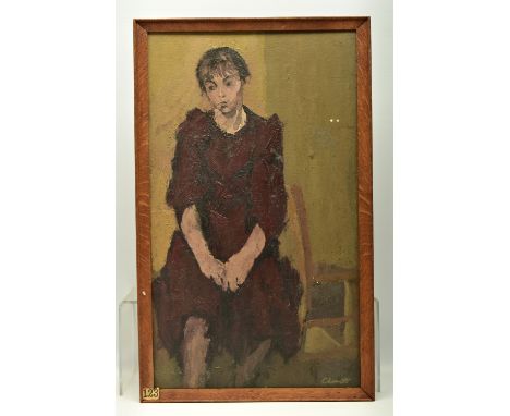 ELEANOR SELWYN LOVETT (20TH CENTURY) 'PAT', a full length seated portrait of a female figure, signed bottom right, oil on boa
