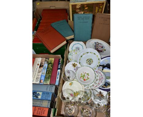FOUR BOXES OF BOOKS, RECORDS &amp; SUNDRIES to include forty-nine book titles in hardback format, subjects include classic fi
