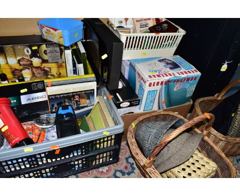 THREE BOXES, SUITCASES AND SUNDRIES, to include a black nylon 'Travel Land' suitcase and a 'Compass' suitcase, two wicker sho
