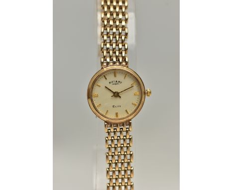 A LADYS 9CT GOLD 'ROTARY ELITE' WRISTWATCH, quartz movement, round cream dial signed 'Rotary Elite', baton markers, gold tone
