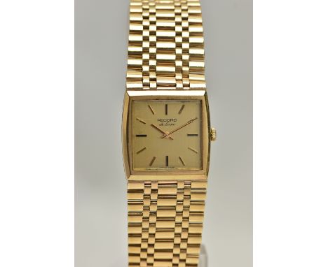 A GENTS 9CT GOLD 'RECORD' WRISTWATCH, manual wind, gold square dial signed 'Record De Luxe', baton markers, black and gold de
