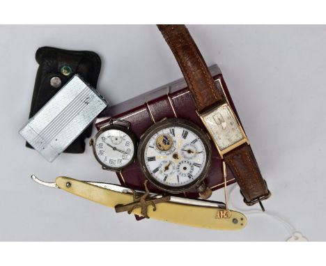 A GENTS 9CT GOLD 'RECORD' WRISTWATCH AND OTHER ITEMS, manual wind watch, silver rectangular dial signed 'Record', Arabic nume