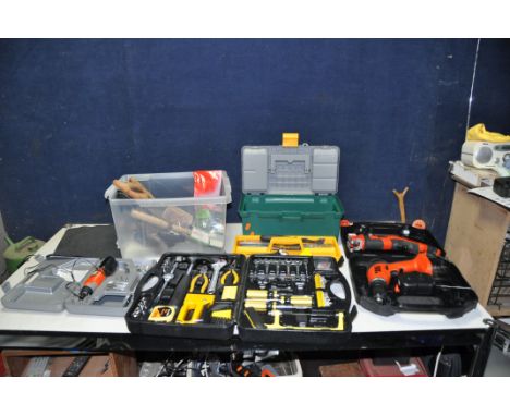 A TRAY AND A TOOLBOX CONTAINING TOOLS with various Black and Decker power tools including a Handisaw, a HP12KX 12v drill and 