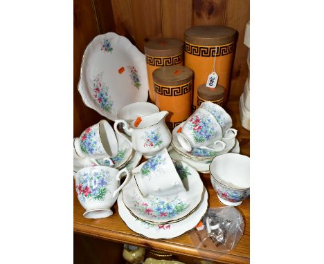 A GROUP OF FOUR PORTMEIRION POTTERY KITCHEN CANNISTERS TOGETHER WITH A ROYAL ALBERT FRIENDSHIP SERIES 'LARKSPUR' PATTERN TEA 