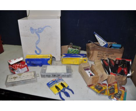 A SELECTION OF NEW UNUSED TOOLS AND CONSUMABLES to include a box of eight Deckton 8   crimper tools, a box of nine Marksman 7