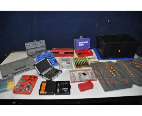A COLLECTION OF TOOLS to include drill bit sets, flaring tool kit, hexbit set, speed lock drill driver set, heat shrink tubin