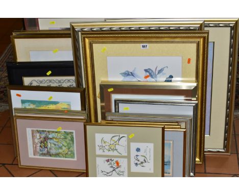 A SMALL QUANTITY OF PAINTINGS AND PRINTS ETC, to include a watercolour depicting boats and cottages signed I. Russell, approx