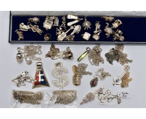 A BAG OF ASSORTED WHITE METAL JEWELLERY, to include a box of assorted charms in various forms such as cameras, shoes, animals