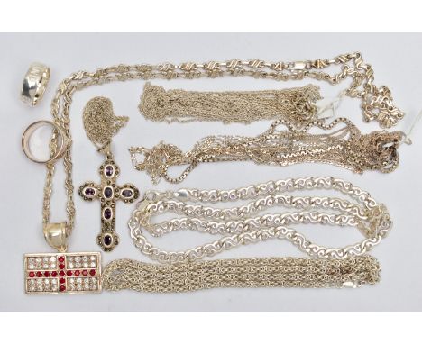A BAG OF ASSORTED WHITE METAL JEWELLERY, to include a silver fancy link chain necklace, fitted with a lobster clasp, hallmark