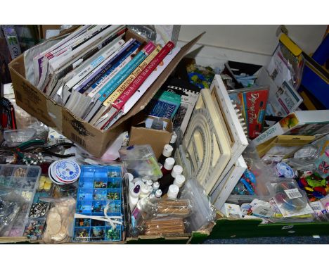 FIVE BOXES OF HABERDASHERY AND CRAFTING TOOLS AND MATERIALS, to include boxed Spectrum Aqua pens, paints, wool, cross stitch 