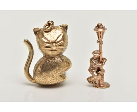 TWO 9CT GOLD CHARMS, the first a yellow gold cat charm, hallmarked 9ct Birmingham import, approximate gross weight 4.5 grams,