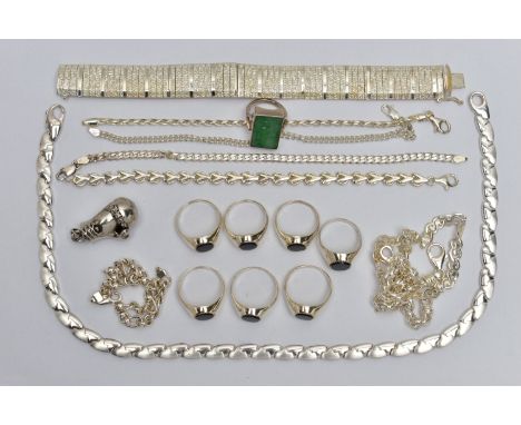 AN ASSORTMENT OF SILVER AND WHITE METAL JEWELLERY, to include two silver chain bracelets, both hallmarked Birmingham import, 